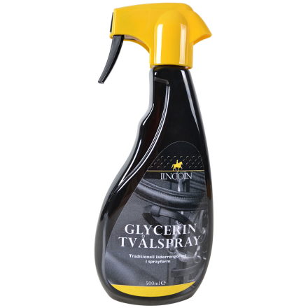 Svart sprayflaska märkt Sadeltvålspray Lincoln med gul avtryckare, 500 ml.