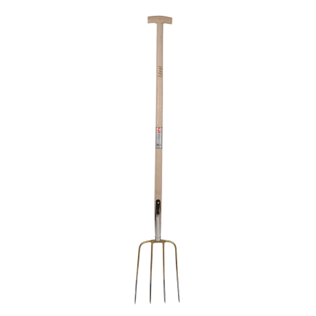 Gödselgrep 4-Horn med trähandtag och fyra metallpinnar mot vit bakgrund.