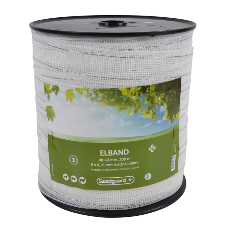 En 200 m lång spole Elband+ 40 mm vit tejp, 8x0,16, elstängsel med grön förpackning.