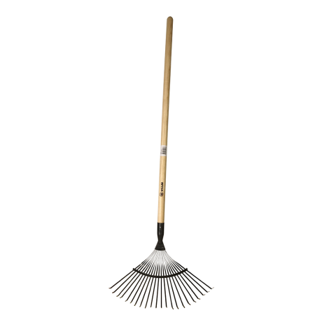 WILLAB Lövräfsa: Lövräfsa av metall med långt trähandtag och breda solfjäderformade pinnar.