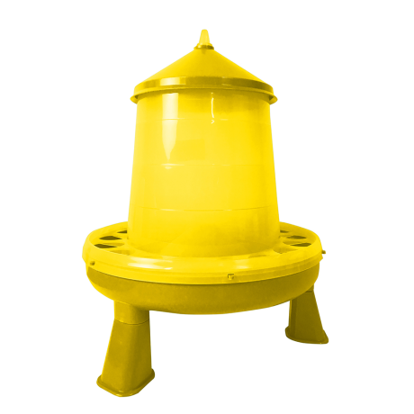 Foderautomat 4 kg på ben gul med koniskt lock mot vit bakgrund.