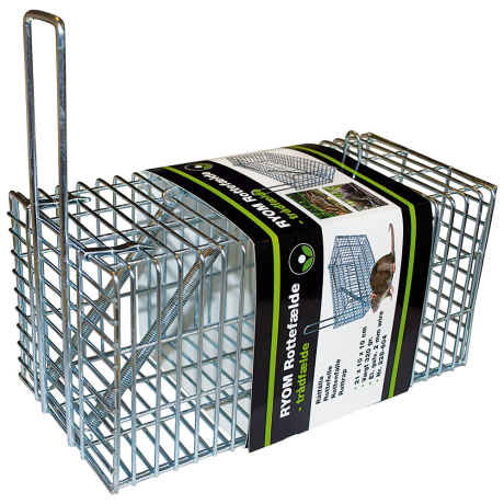 TRÅDFÄLLA TILL RÅTTA OCH MUS råttfälla av metalltråd med råttbild och etikett med produktinformation.