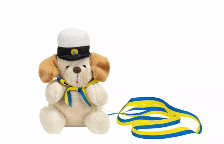 Brun uppstoppad examenshund med blågult band, Hund/Examen Häng/Brun.