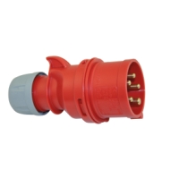 Röd industrikontakt med fem metallstift och en grå låsring.