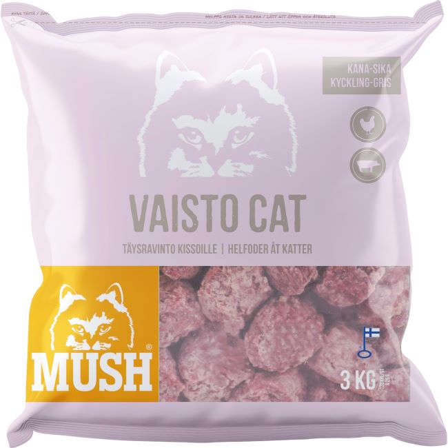 Mush Vaisto Cat Rosa 3Kg kattmat, kyckling & fläsk, med katt och köttbullar på påsen.