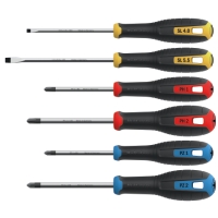 SKRUVMEJSELSET HSS-sats i sex delar med färgkodade skruvmejslar för plan-, stjärnskruv- och Pozidriv-skruvmejslar.