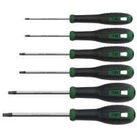 Sex svarta och gröna skruvmejslar av varierande storlek i rad.