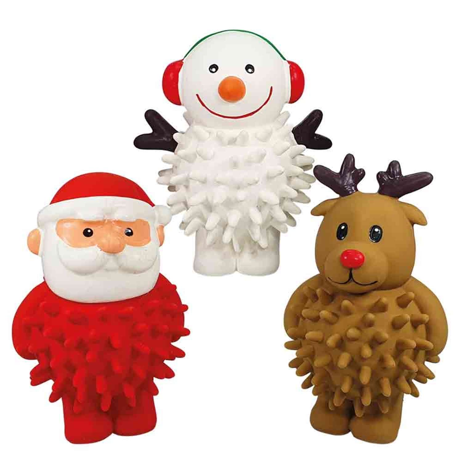 Tre Xmas-figurer i latex: Tomte, snögubbe och ren med spetsiga texturer.
