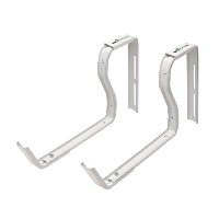 Två KONSOL VIT F BALKONGLÅDA NYBY väggfästen i vitmetall med vinklade armar och hål.