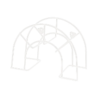 Vit SLANGHÅLLARE för 30 m slang, bågformad metallram med svängda, korsande stänger.