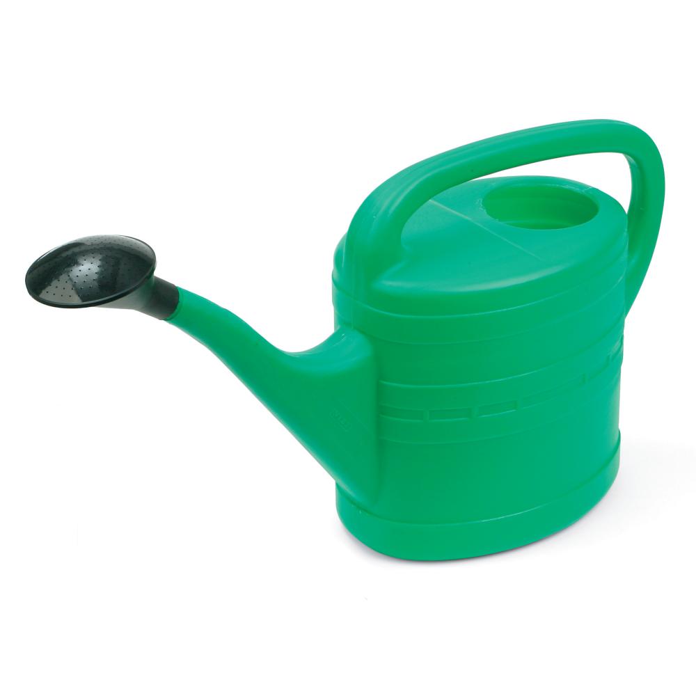 Vattenkanna 10 l grönplast med svart pip, visas på vit bakgrund.