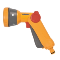 SPRINKLERPISTOL MULTISPRAY: orange och grått munstycke för trädgårdsslang med justerbara inställningar.