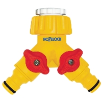 KRANKOPPLING 2-VÄGS 2256 SB HOZ: gul Hozelock-splitter med 2 röda ventiler, 2 anslutningar.