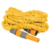 SLANGSET SUPERHOZE 30M expanderbar gul slang med grå och orange kopplingar.