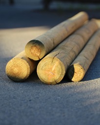 Fyra Tryckimpregnerade Stolpar på trottoar i solljus, sedda från slutet.