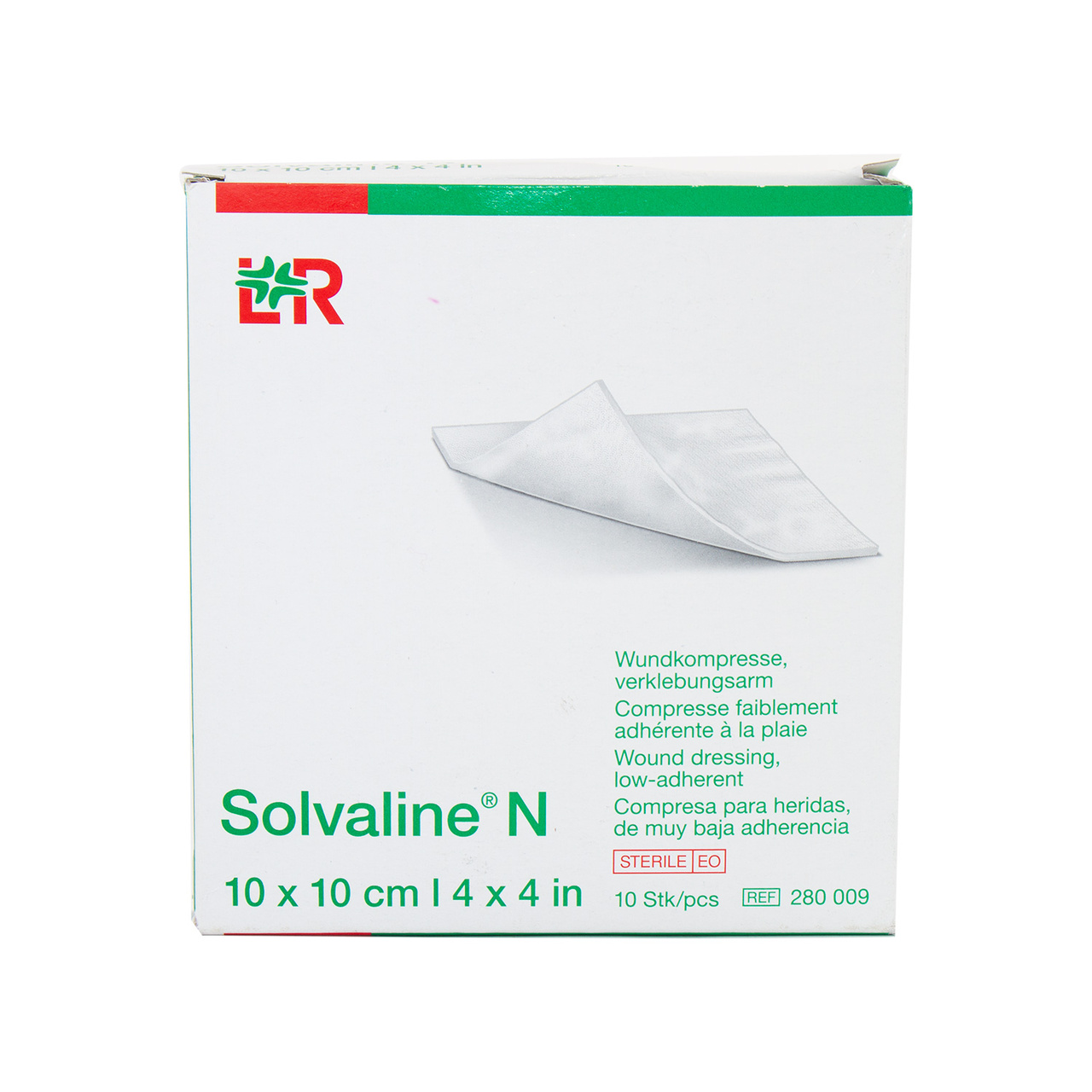 SOLVALINE KOMPRESS 10CMX10CM, 10-pack, med flerspråkig text på förpackningen.