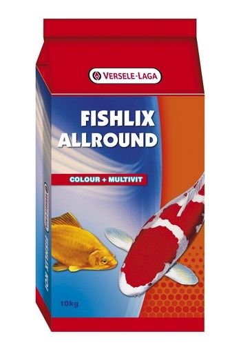 Röd låda med Fishlix Allround Menu 10 kg med bilder på koi och guldfisk på framsidan.