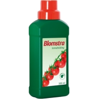 Grön TOMATNÄRING BLOMSTRA 300ML flaska med röd kapsyl och tomatbilder på etiketten.