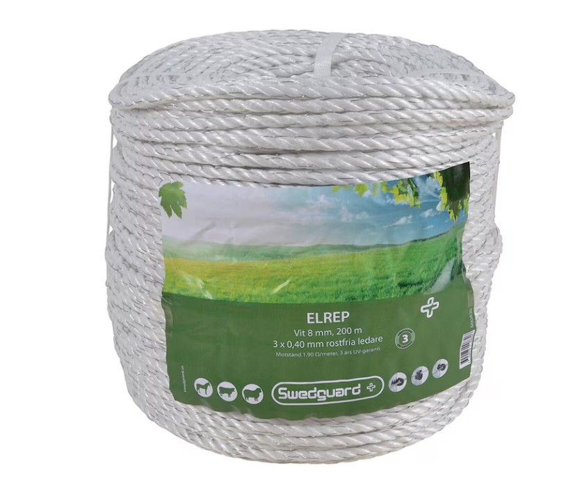 Stor rulle vit Elrep+ 8 mm lina, 200 m, med grönvit etikett.