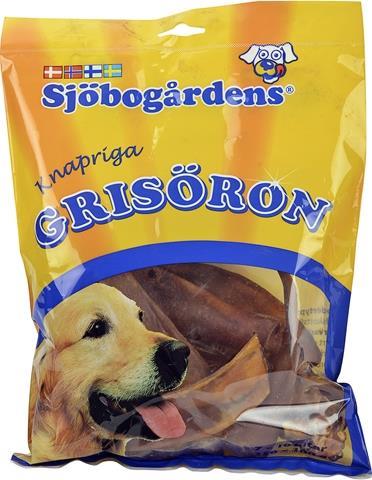 En gul påse med Grisöron 200g hundgodis med en hundbild på framsidan.