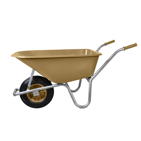 SKOTTKÄRRA 100 L PLAST guld, guldfärgad skottkärra med svart hjul och metallram, vy från sidan.