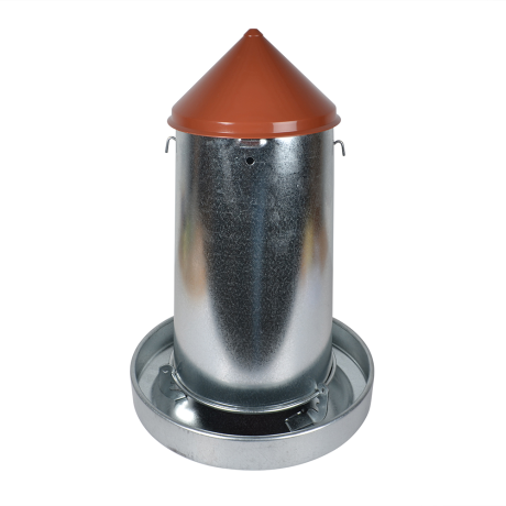 FODERAUTOMAT GALVAD PLÅT fjäderfämatare i metall med rött koniskt lock och rund bottenbricka.