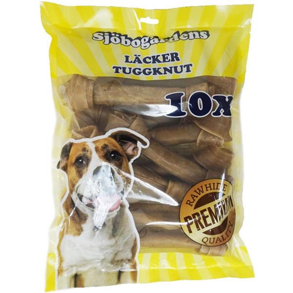 En påse med tuggben för hund med en bild på en hund och texten Sjöbogårdens 10x Premium.