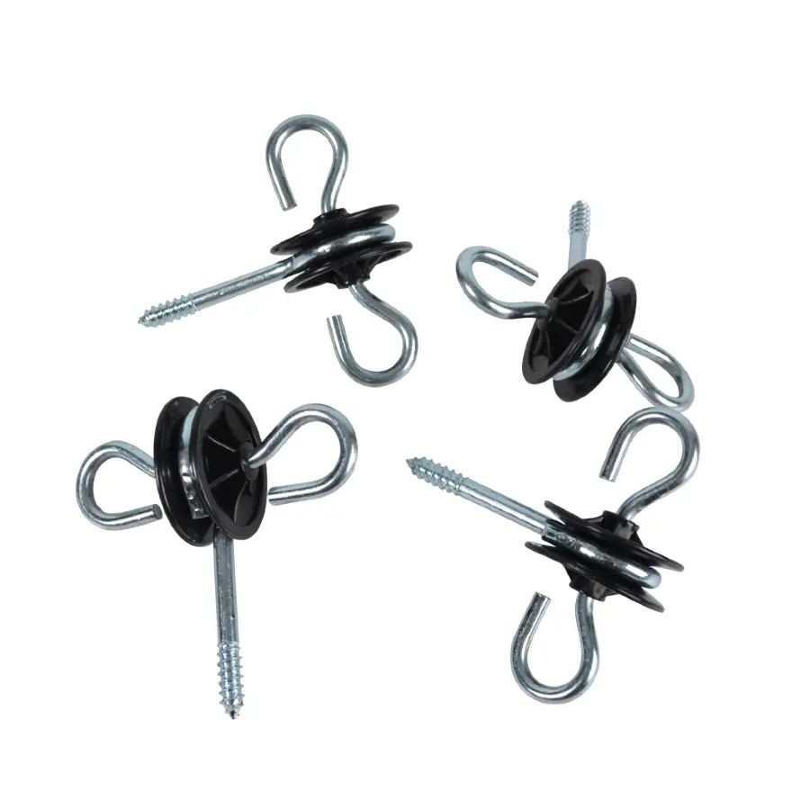 Grindankare Rutland 4 st/fp: fyra skruvbara metallisolatorer med svarta plastskivor för stängsel.