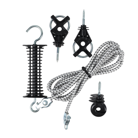 ELREPSGRIND KIT: elektrisk stängselgrind med handtag, rep, isolatorer och hårdvara.
