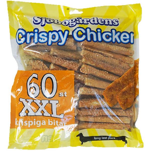 Påse med Sjöbogårdens Crispy Chicken XXL 60-pack hundgodis med gul förpackning.