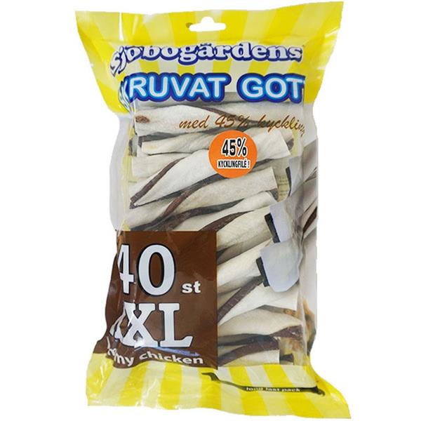 En påse med Sjöbogårdens XXL tuggiga kycklinggodis för hund i gulvit förpackning.