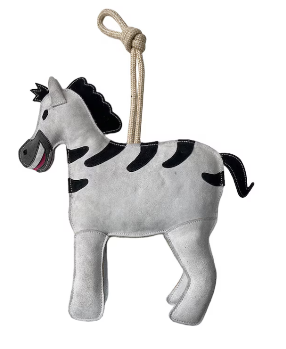 Hästleksak "Zebra" i mocka, med rephandtag, svart man och broderat leende.