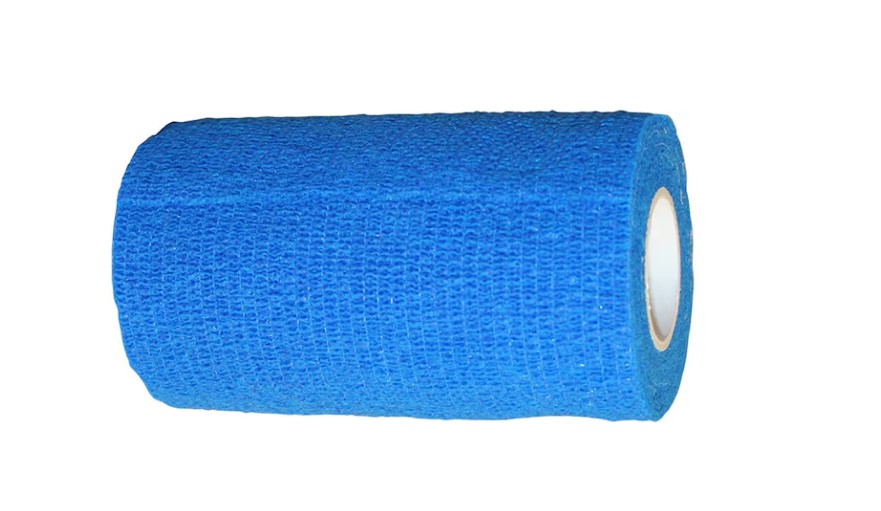 Flexlinda blå 4,5mx10cm sammanhängande bandagerulle mot en vit bakgrund.