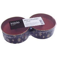 Två röda MARSCHALL 2-P ljus i en blå ljusstake med snöflingor i guld.