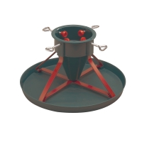 JULGRANSFOT PLAST 65 M BRICKA: Grön och röd julgransfot med skruvar och cirkulär bricka.