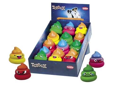 Nobby Latex emotion poops: färgglada bajsformade leksaker med ansikten i ToyBox-förpackning.