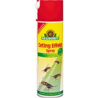 Röd och gul 500 ml Neudorff GETING EFFEKT SPRAY burk med getingbilder på etiketten.