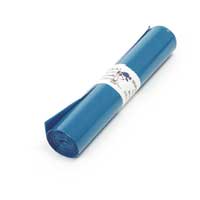 En hoprullad blå PLASTSÄCK 125L väska med en vit etikett runt mitten.