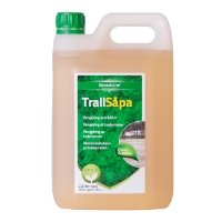 En 2,5 liters plastbehållare med Trallsåpa trärengöringsmedel med grönt lock och etikett.