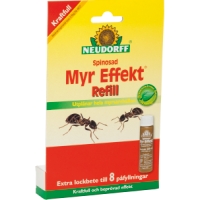 Gul MYR EFFEKT REFILL 20ML myrbetesförpackning med myrbilder och produktrör.