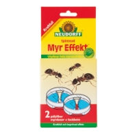 Röd och gul MYR EFFEKT DOSOR 2-PACK myrbeteslåda med bilder av myror och två betesstationer.