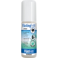 Vit flaska FÄSTINGMEDEL FÄSTINGFRITT SPRAY 100 med blå etikett och fästingsymbol på framsidan.