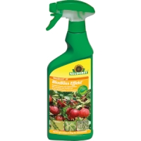 Grön BLADLÖSS EFFEKT SPRAY 500ML flaska för växtvård med motiv av äpplen och blad.
