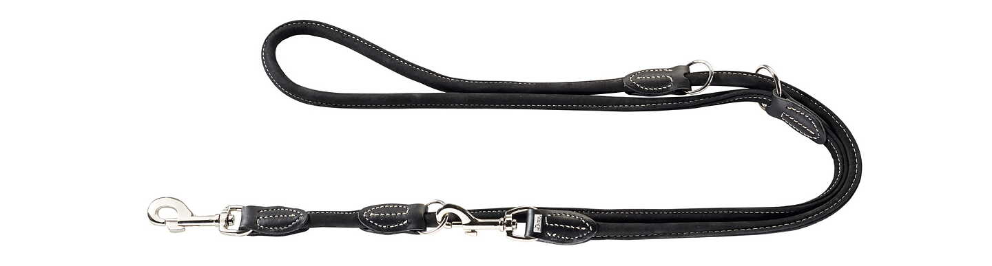 HUNTER Round & Soft Hunting koppel svart, svart läderkoppel med vita sömmar som visas platt.