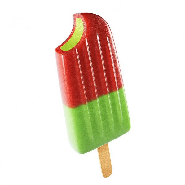 Sötisglass med röda och gröna lager, en bit i toppen, på en träpinne.