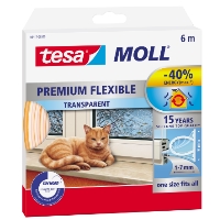 TÄTLIST SILIKON TRANSPARENT 6M TESA med en katt som ligger och slappar vid ett fönster.