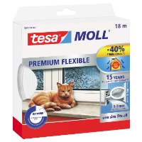 TÄTLIST SILIKON VIT 18M TESA tätar fönstren, här med en katt, och betonar isolering.