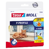 TÄTLIST P-LIST VIT 6M TESA för isolering och tätning, med katt genom fönster på förpackningen.