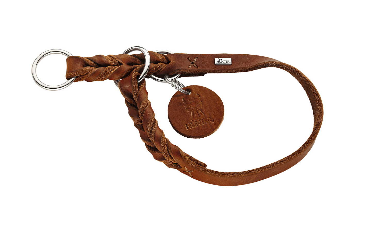 HUNTER Solid Education halvstryp cognac: brunt läderhalsband med metallringar och lädertagg.