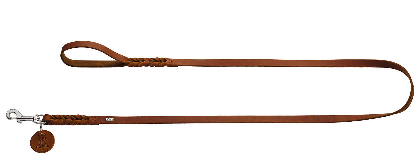 HUNTER Solid Education koppel cognac 11/200, brunt läderkoppel med silverspänne, på vit.